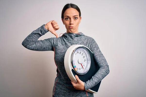 Young Fitness Woman Wearing Sport Workout Clothes Holding Scale Healthy — Stock Photo, Image
