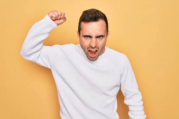 Young Handsome Man Blue Eyes Wearing Casual Sweater Standing Yellow — Stock Photo, Image