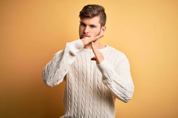 Young Blond Man Beard Blue Eyes Wearing White Sweater Yellow — Stock Photo, Image