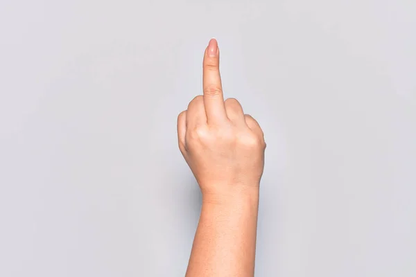 Hand Caucasian Young Woman Showing Provocative Rude Gesture Doing Fuck — Stock Photo, Image