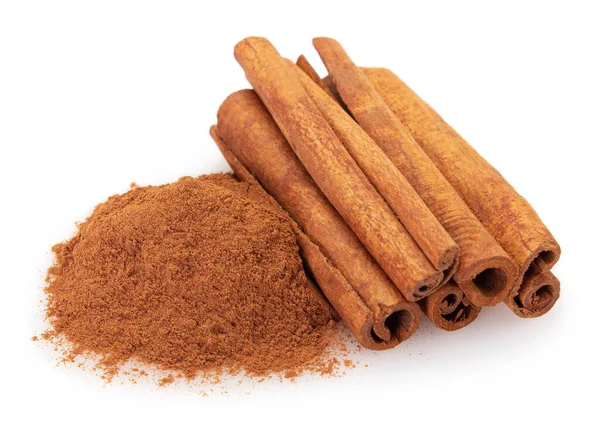 Cinnamon Stick Powder Isolated White Background Closeup — Stock Photo, Image