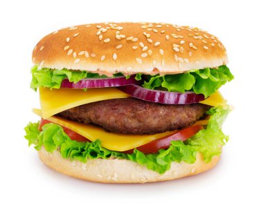 Beyaz arka planda izole edilmiş lezzetli hamburger.