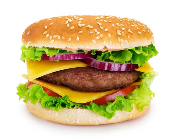 Smakelijke Hamburger Geïsoleerd Witte Achtergrond Closeup — Stockfoto