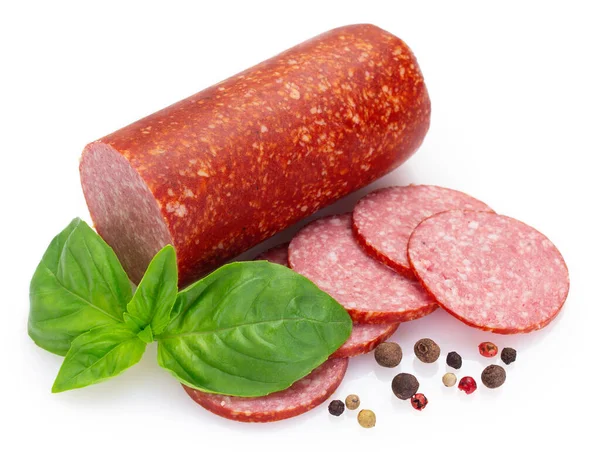 Salami Gerookte Worst Geïsoleerd Witte Achtergrond — Stockfoto