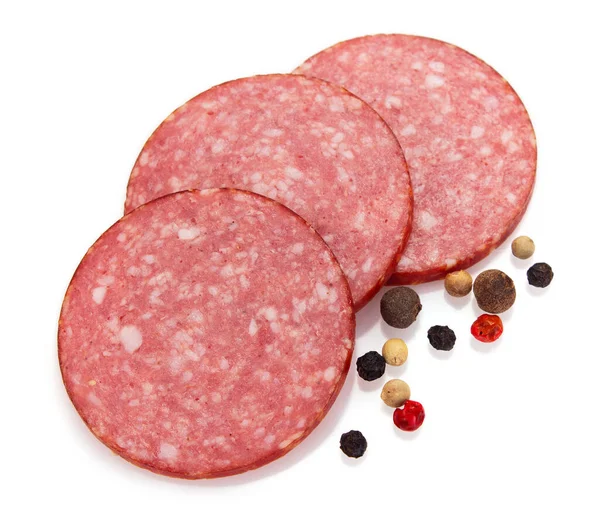 Salami Tranché Saucisse Fumée Isolé Sur Fond Blanc — Photo