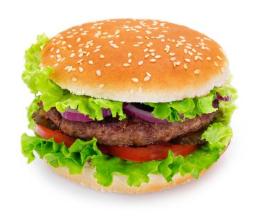 Beyaz arka planda izole edilmiş lezzetli hamburger.