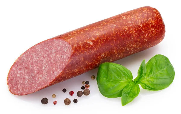 Salami Gerookte Worst Geïsoleerd Witte Achtergrond Rechtenvrije Stockafbeeldingen