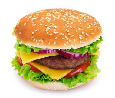 Beyaz arka planda izole edilmiş lezzetli hamburger.