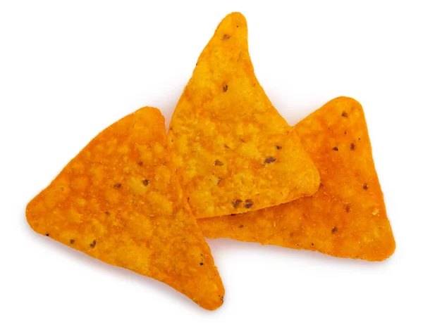 Nachos Chips Geïsoleerd Witte Achtergrond Maïs Chips Closeup — Stockfoto