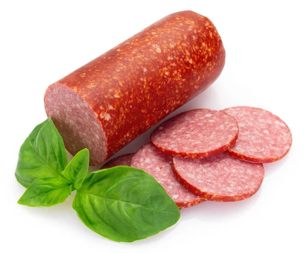 Salami Gerookte Worst Geïsoleerd Witte Achtergrond — Stockfoto