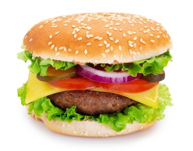 Beyaz arka planda izole edilmiş lezzetli hamburger.
