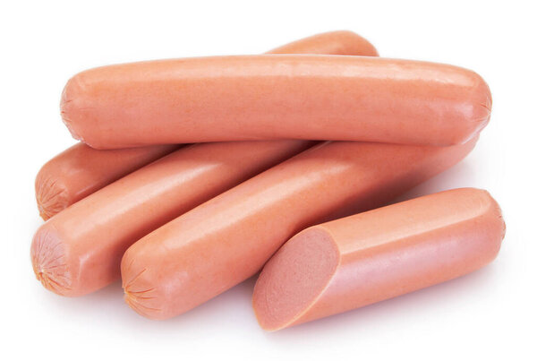 свежие вареные колбасы на белом фоне

