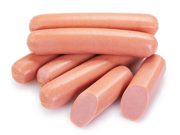 свежие вареные колбасы на белом фоне
