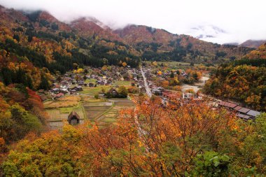 Shirakawa Köyü 'nün ya da geleneksel bir Japon köyü olan Shirakawa-go' nun, Unesco 'nun Dünya Mirası Bölgesi' nin en üst manzarası. Arka planda, sisin içinde sonbahar ağaçları olan dağlar var.
