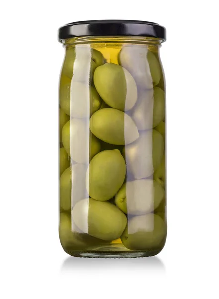 Zelené olivy v láhvi — Stock fotografie
