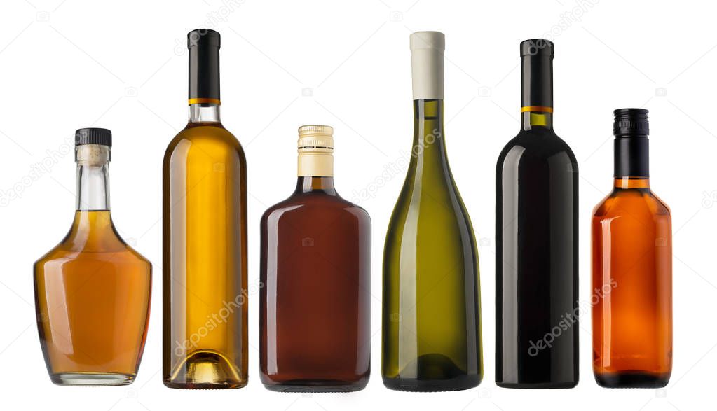 Set of wine and brandy bottles