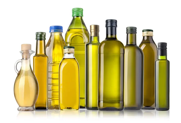 Olivolja flaskor på vit — Stockfoto