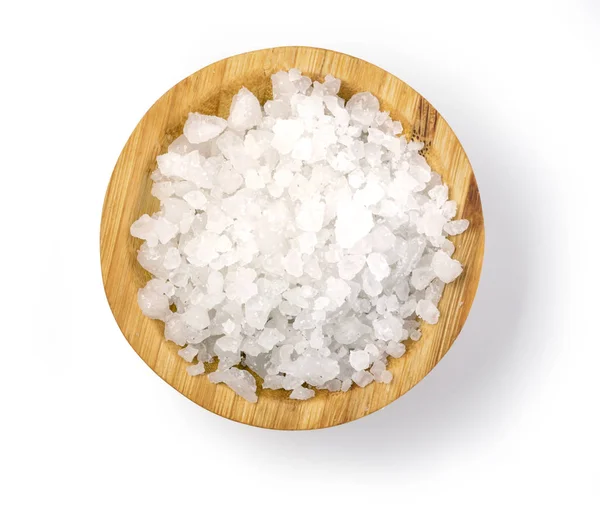 Salt at wooden bowl — Stock Photo, Image