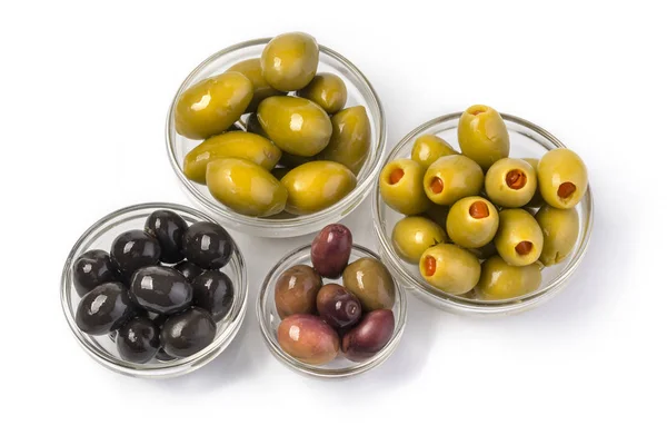 Olivy černé, zelené, červené, samostatný — Stock fotografie