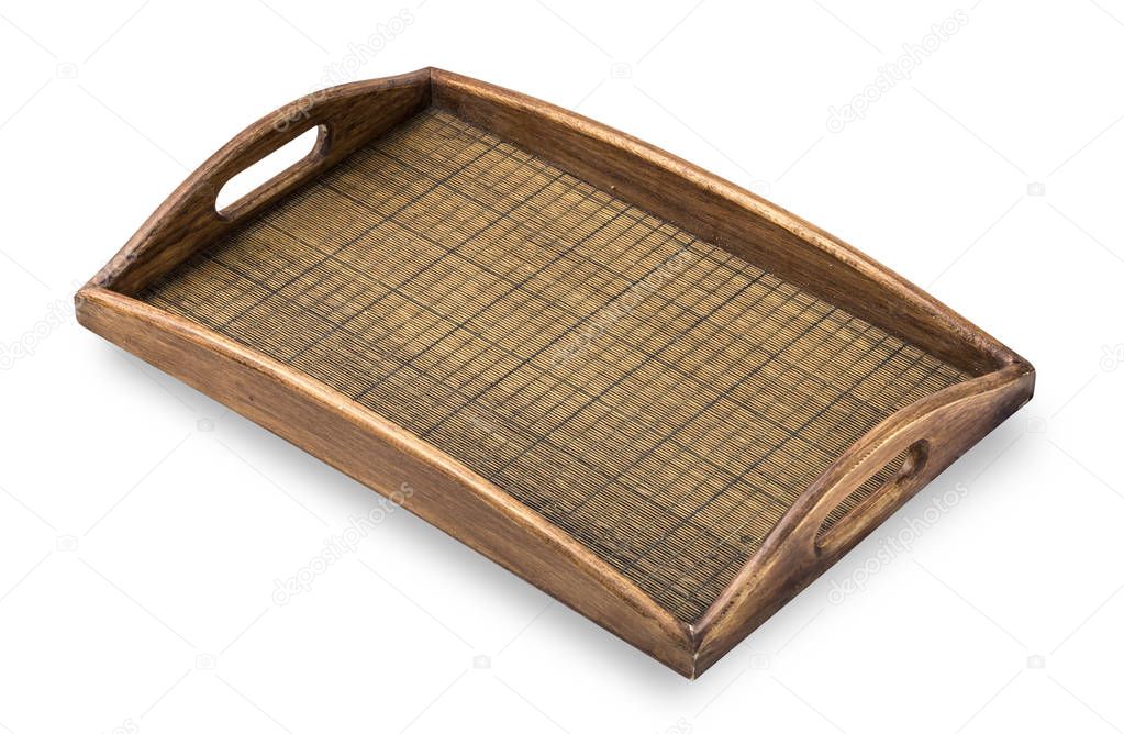 Square wooden tray on a white background.