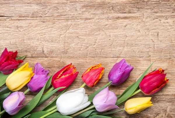 Tulipanes sobre fondo de madera — Foto de Stock