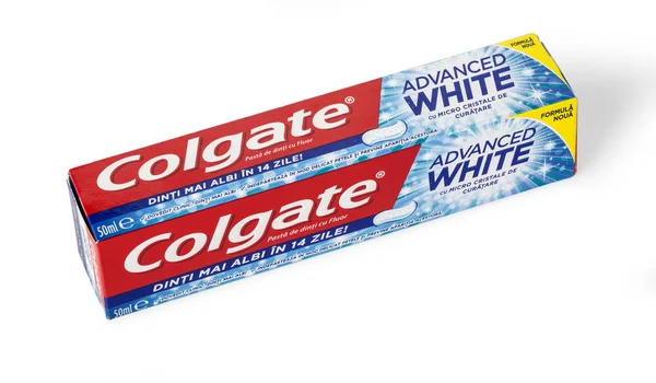 Pasty do zębów Colgate, zaawansowane Sensation White, na białym tle — Zdjęcie stockowe