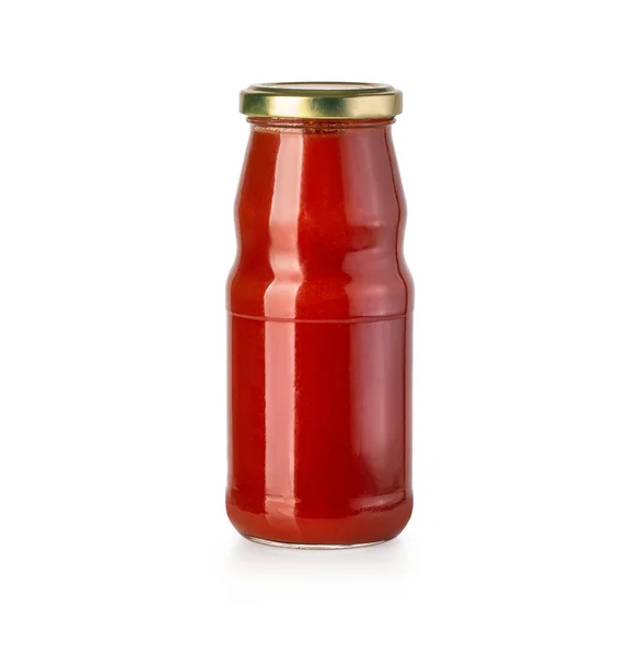 Glazen fles ketchup op witte achtergrond — Stockfoto