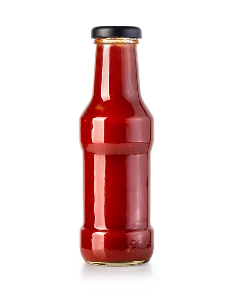 Garrafa de vidro de ketchup no fundo branco — Fotografia de Stock