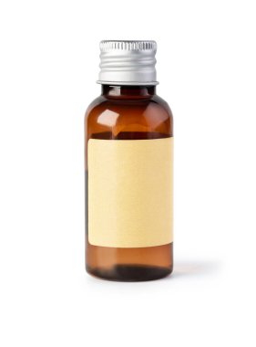 Kehribar rengi küçük eczane cam şişesi. Kırpma yolu beyaz üzerine izole edilmiş.