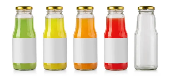 果汁玻璃瓶和空瓶在白色上索丽 — 图库照片