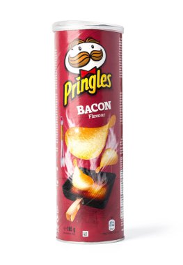 Chisinau, Moldova - November 10, 2016: A package of Pringles the Original potato crisps  with bacon on an isolated background.