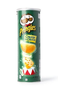 Chisinau, Moldova - November 10, 2016: A package of Pringles the Original potato crisps  with cheese and onion on an isolated background.