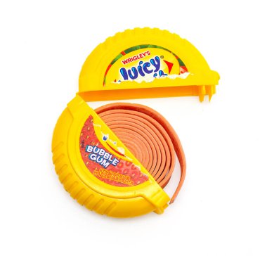 Chisinau, Moldova August 02, 2018:Wrigley's Juicy Fruit chewing gum  isolated on white background with clipping path. Juicy Fruit chewing gum are produced by Wrigley Company