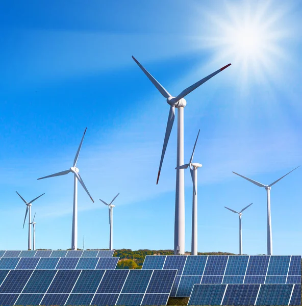 Solar Panels Wind Turbines Blue Sky — Stock Photo, Image