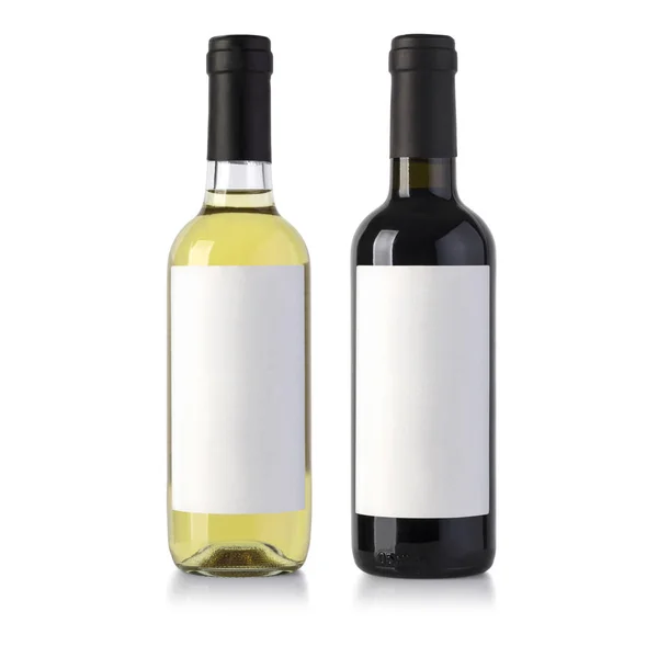 Dos Botellas Vino Aisladas Blanco Con Etiqueta Blanco Camino Recorte —  Fotos de Stock