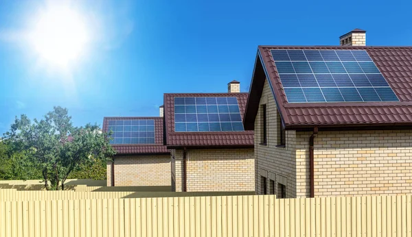 Casas Modernas Con Paneles Solares Techo Para Energía Alternativa — Foto de Stock