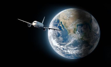Dünya 'nın etrafında uçan uçak kavramı. Uzaydan bak. Bu görüntünün elementleri NASA tarafından desteklenmektedir