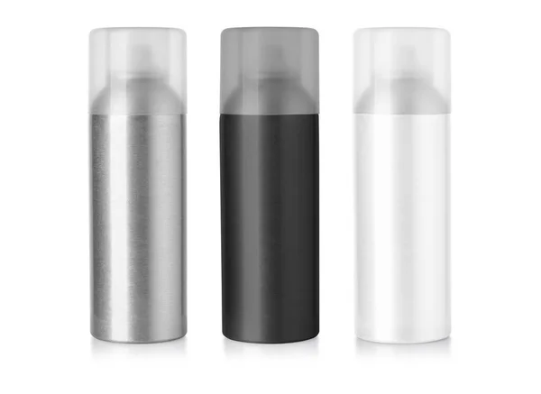 女性や男性のための消臭スプレーのセット あなたのデザインのための透明なキャップを持つ金属ボトルのテンプレートをモックアップ クリッピングパス — ストック写真