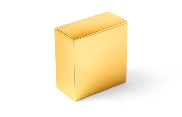 Zlatá Kartonová Krabička Izolovaná Bílém Oříznutou Dráhou — Stock fotografie