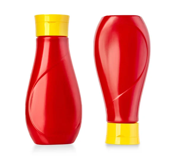 Bouteilles Ketchup Plastique Isolées Sur Blanc Avec Chemin Coupe — Photo