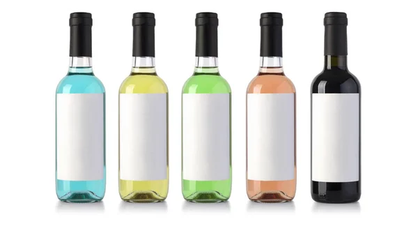 Conjunto Botellas Vino Aisladas Blanco Con Etiqueta Blanco Ruta Recorte — Foto de Stock