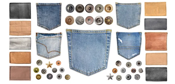 Collection Différentes Pièces Jeans Sur Fond Blanc Chacun Est Tiré — Photo