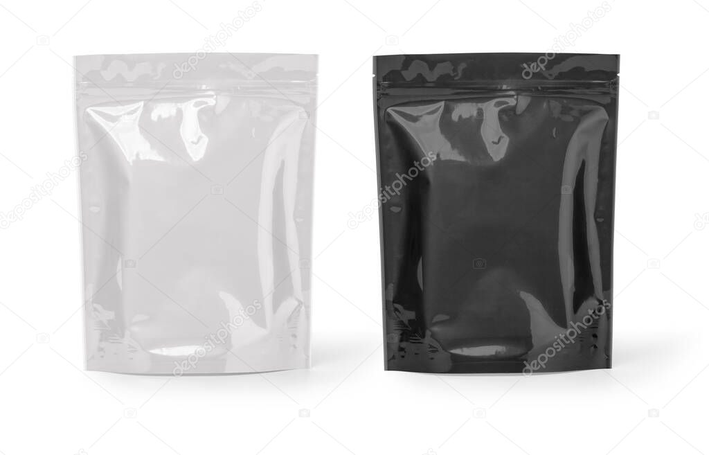 Mockup Stand Up Blank Bag black and white For Coffee, Candy, Nuts, Spices, Self-Seal Zip Lock Foil Or Paper Food Pouch Snack Sachet Resealable PackagingWith clipping path