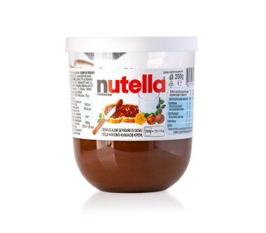 Chisinau, Moldova - 26 Nisan. 2020: Nutella fındık serpiştirme kavanozunun beyaz zemin üzerine serpiştirilmiş resmi. 