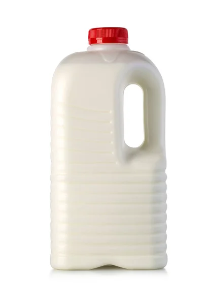Mjölkflaska Med Röd Lock Isolerad Vit Bakgrund Med Klippbana — Stockfoto