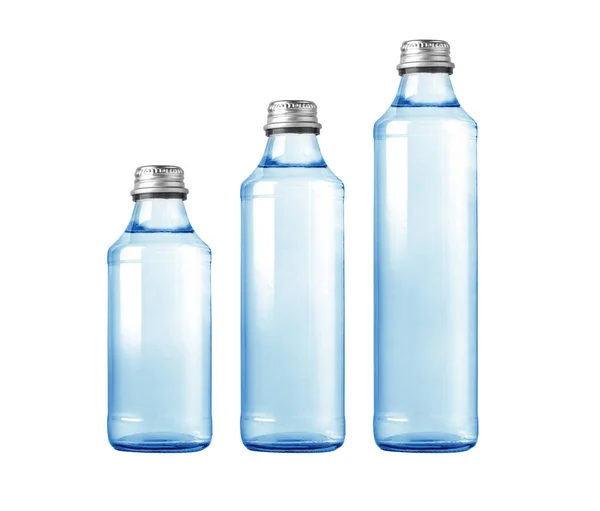 Tres Botellas Agua Vidrio Azul Aisladas Blanco —  Fotos de Stock