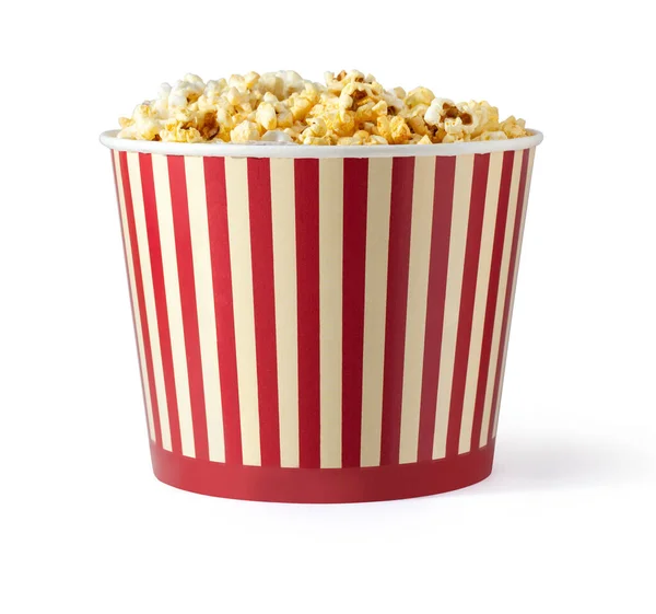 Paper Striped Bucket Popcorn Isolated White Background Clipping Path Concept — 스톡 사진