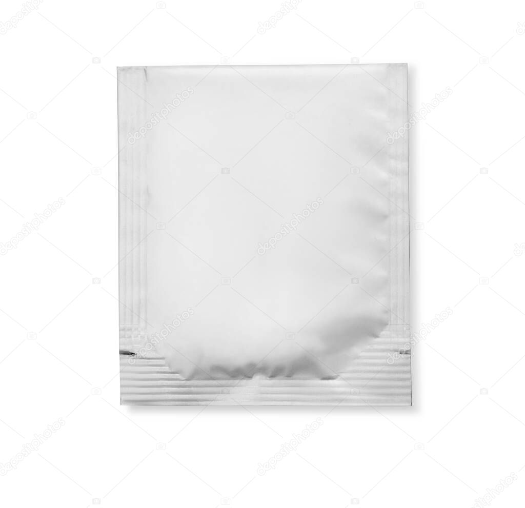 Blank white plastic sachet for medicine, drugs, coffee, sugar, salt, spices, isolated on white background . With clipping path