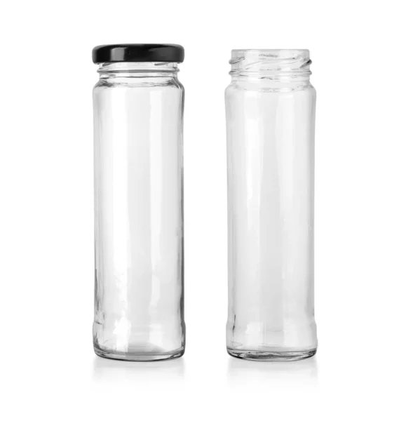 Empty Glass Jar Black Cap Front View Isolated White Background — Stock Photo, Image