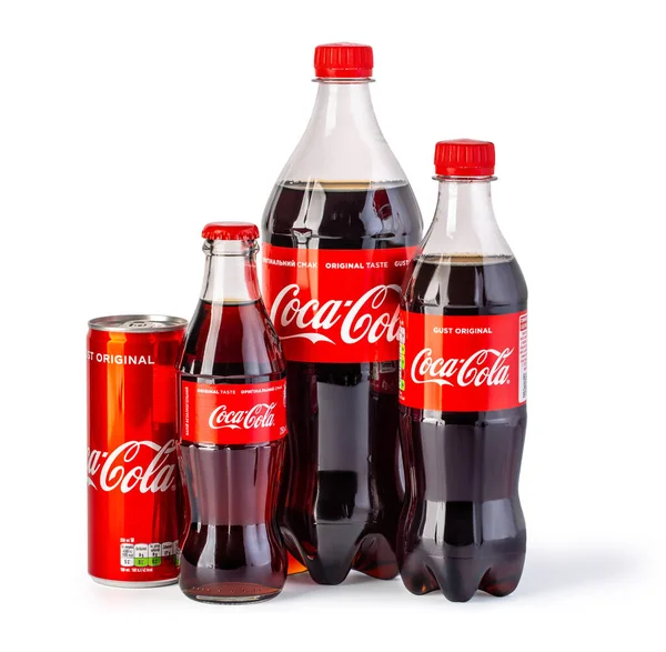 Chisinau Moldova April 2020 Bottles Can Coca Cola White Background — Stock Photo, Image